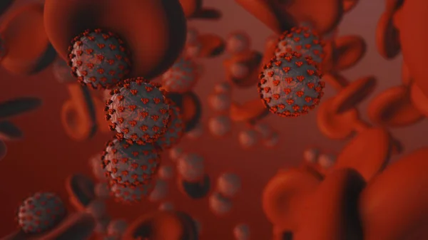 Koronawirus. 3d renderowanie cząsteczek koronawirusu w ludzkiej krwi — Zdjęcie stockowe
