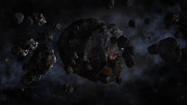 Астероиды летают в космосе на фоне звезд — стоковое видео