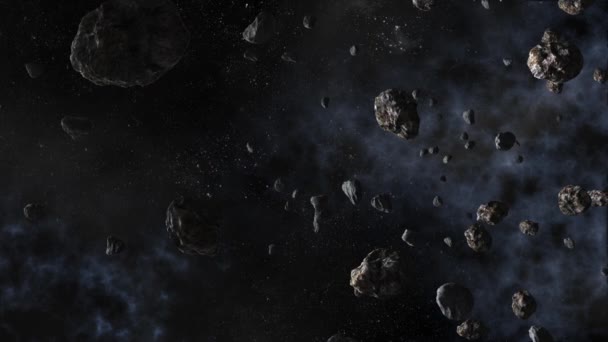 Астероиды летают в космосе на фоне звезд — стоковое видео