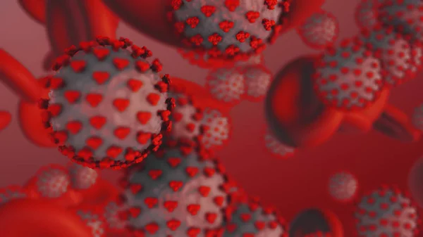 Coronavirus Covid-19. 3D-Darstellung von Coronavirus-Partikeln im menschlichen Blut — Stockfoto