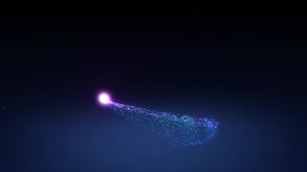 Разброс фиолетовых и голубых светящихся частиц происходит в спиральном трехмерном рендере — стоковое видео