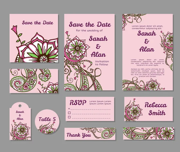 Kolekcja Ślubna zaproszenia szablonu kwiatowy — Wektor stockowy