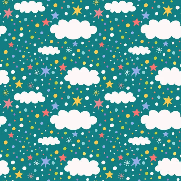 Pola mulus dengan awan, bintang-bintang dan confetti - Stok Vektor