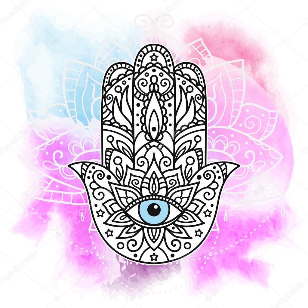 Hamsa on an abstract watercolor background.
