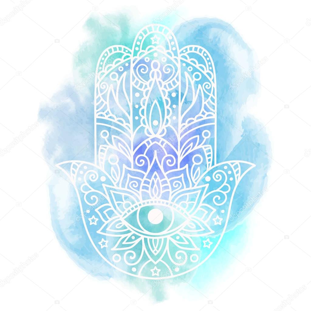 Hamsa on an abstract watercolor background.