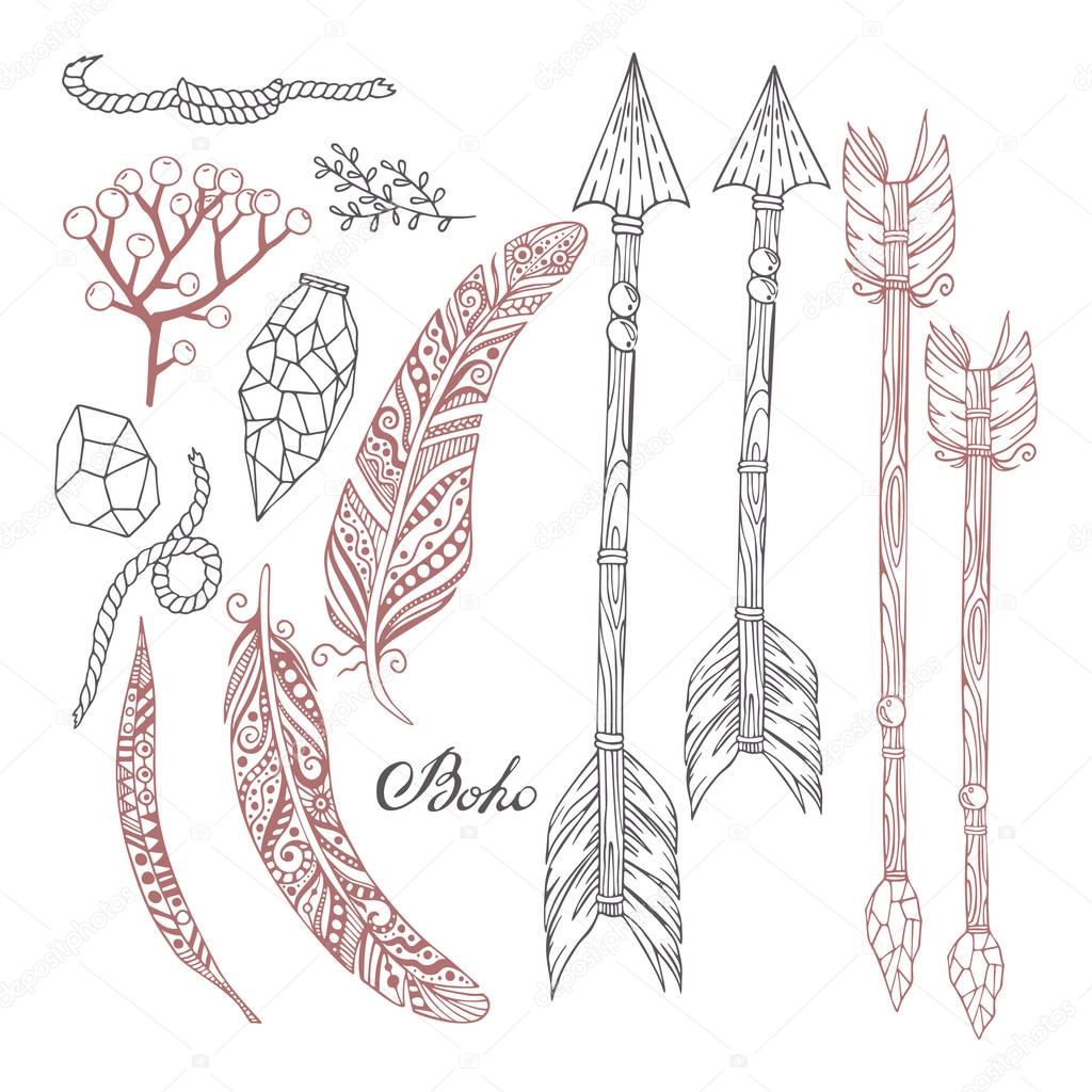 Hand-painted set in Boho style with arrows, feathers, plants, stones and a rope.