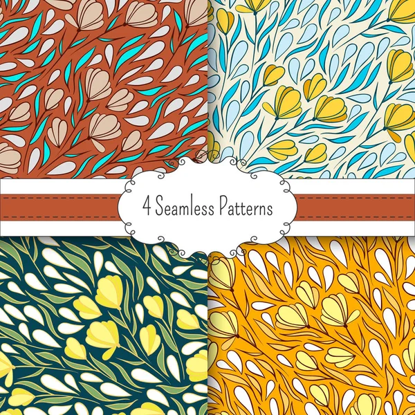 Set of stylish seamless patterns with doodle flowers — Stock Vector