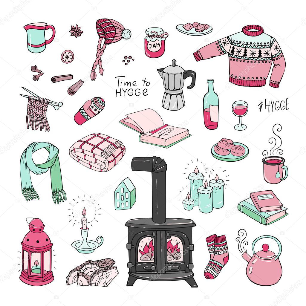 Vector illustration. Hand-drawn set of hygge doodles.
