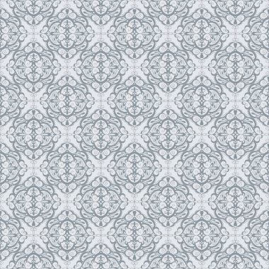 Gri arkaplan üzerinde beyaz dikişsiz monokrom desenli klasik çizgi sanat deseni kumaş tasarımı için.