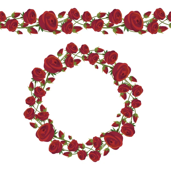 Yuvarlak çerçeve çiçek ve Dikişsiz desen fırça kırmızı gül ve gül goncası yapılmış. Bahar çiçekleri romantik tasarım, Dekorasyon, tebrik kartları, posterler, düğün davetiyeleri, reklam için.