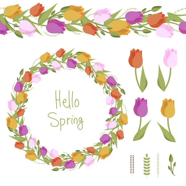 Yuvarlak çerçeve çiçek ve Dikişsiz desen fırça kırmızı, sarı, mor ve pembe laleler ve dalları yapılmış. Bahar çiçekleri romantik ve Paskalya tasarım, Dekorasyon, tebrik kartları, posterler, düğün davetiyeleri, reklam için.