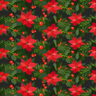 Çiçek Noel sorunsuz şenlikli desenle ökse otu, Atatürk çiçeği ve çam dalları, kırmızı ve yeşil. Noel tasarım, kumaşlar, tebrik kartları, sargı, reklam için sonsuz geleneksel dokusu.