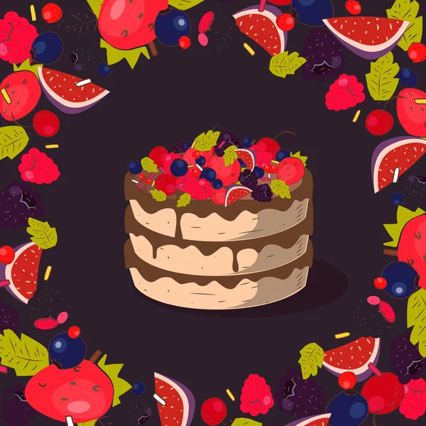 Sweet cake with berries. Strawberries, raspberries, figs, mint, blueberry, cherry, blackberry. — Stock Vector