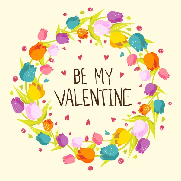 Yuvarlak çerçeve çiçek turuncu, sarı, mavi, mor ve pembe laleler ve dalları yapılmış. Sevgililer günü yazı. Bahar tasarımı tebrik kağıt, kumaş, kartpostallar.