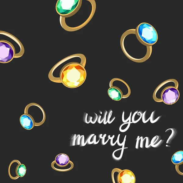 Elmas ve siyah arka plan üzerine beyaz yazı ile vektör altın yüzük. Topaz, safir, elmas, yakut, ametist, zümrüt. Sembol tasarımınız için.