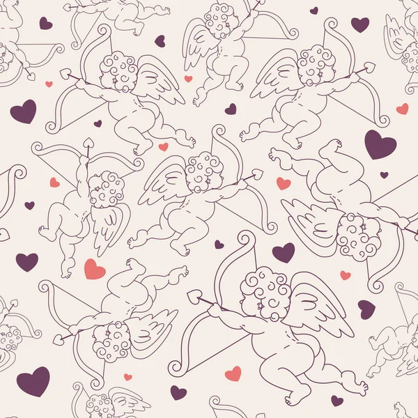 Valentinky den bezešvé bílé vzor s cupid a růžové a Purpurové srdce — Stockový vektor