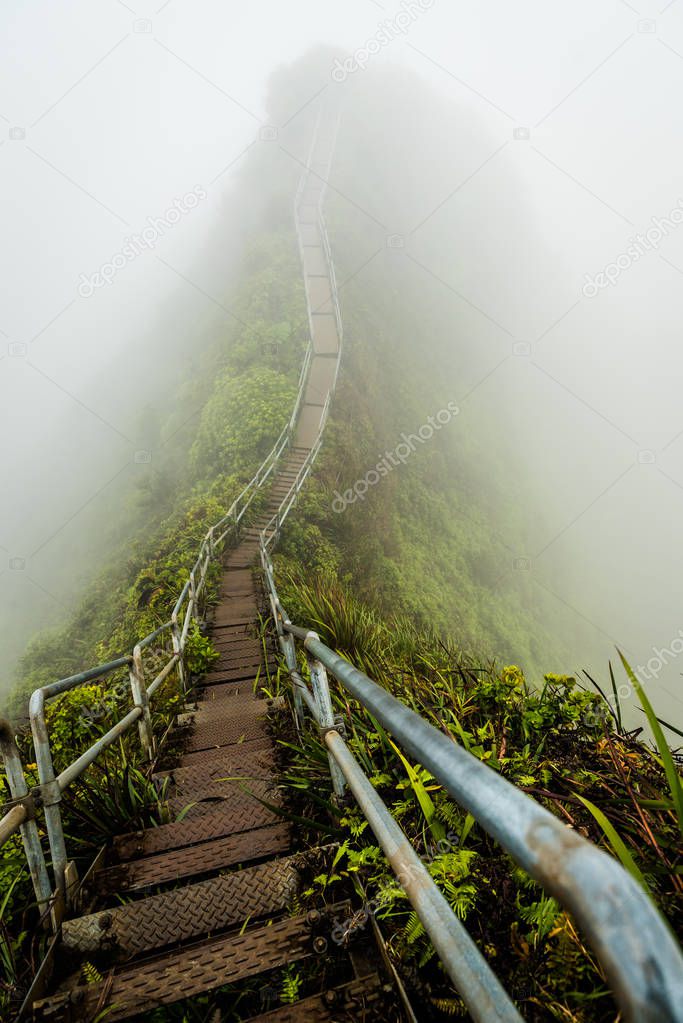 Stairway to Heaven in Oahu island Hawaii coverd by morning fog
