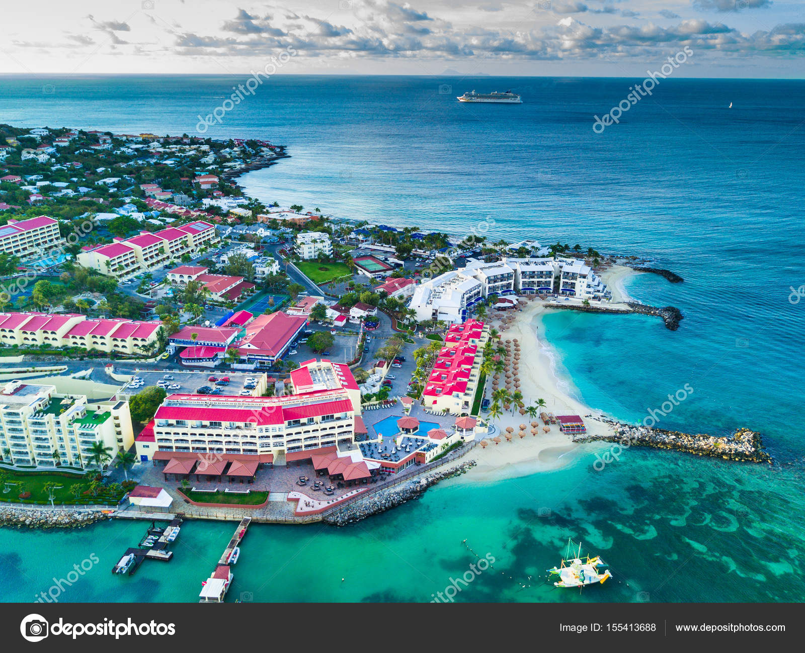 Flamingo Beach Resort Pelican Key in Saint Martin from above – Stock