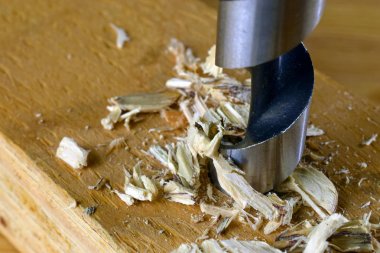 Ahşap Delme. Yakın yatay yukarı ahşap matkap bit ve parçaları.