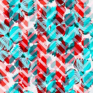 Çiçek geometrik desenli zikzak mavi kırmızı trendy ve yaprakları çiçek sorunsuz arka plan. Şekiller çizim çiçek mavi kırmızı renk bir zig zag pembe mavi süs trendy el