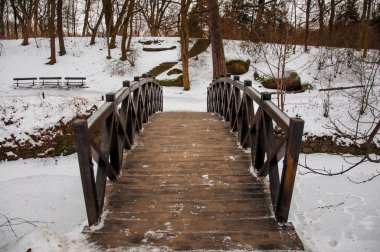 Park içinde donmuş nehir köprüsü