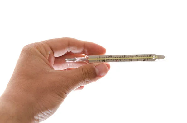 Hand met thermometer op witte achtergrond geïsoleerd — Stockfoto