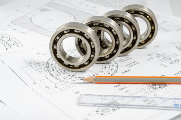 Technical drawings with the Ball bearings — Stock Photo, Image