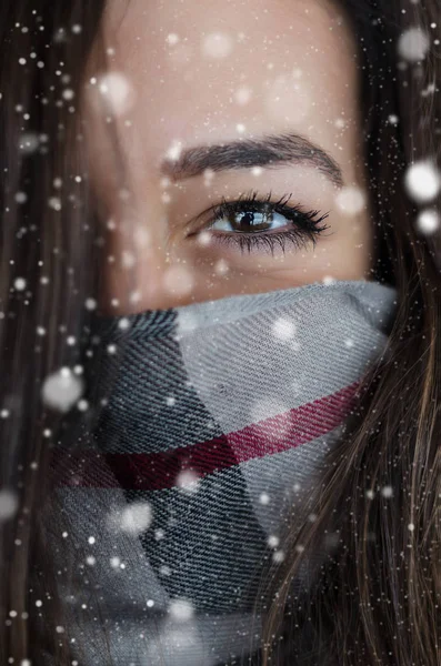 Χειμώνα πορτρέτο του όμορφη γυναίκα με χιόνι — Φωτογραφία Αρχείου