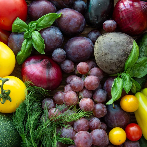 Variedade Colorida Frutas Legumes Produtos Naturais Ecológicos Saudáveis Vista Superior — Fotografia de Stock