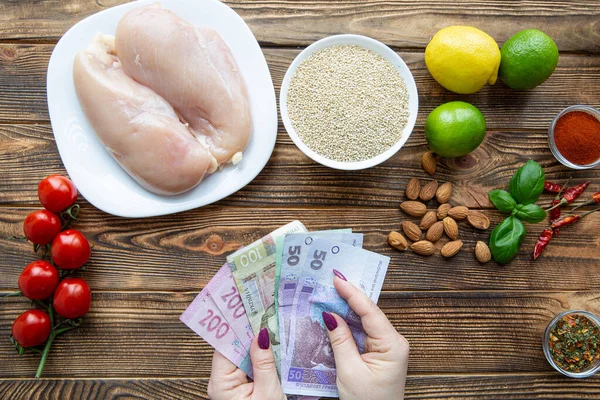 Ukrayna Hryvnia 'sı yükselir ve alçalır. Günlük ürünler, tavuk eti, meyve ve sebze gibi.. 