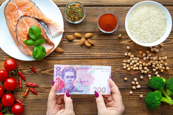 Ukrainian Hryvnia Value High Costs Healthy Food Hard Financial Situation — Stock Photo, Image