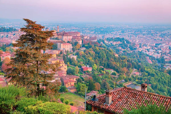 Bergamo eski kasaba hava manzarası, Citta Alta. Lombardia, İtalya. 
