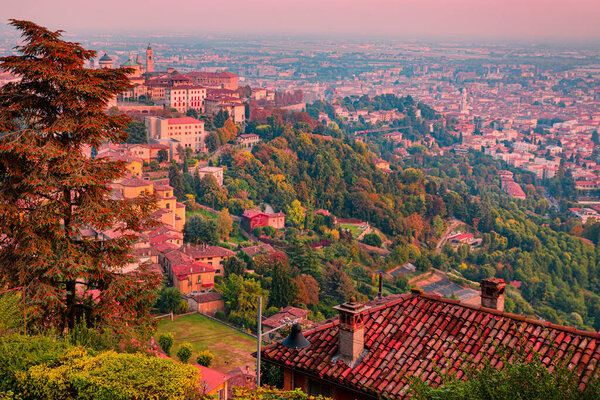 Bergamo old town aerial panorama, Citta Alta. Lombardia, Italy.