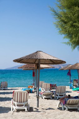 Saman şemsiyeli beyaz kumsal ve yeşil ağaçlar, Kos, Dodecanese (dhodhekanisos), Yunanistan adası. Ege Denizi 'nin (Akdeniz) Aquamarine turkuaz suyu. Tatil kavramı. 