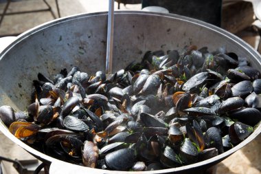 Buharda pişirilmiş midyeler beyaz şarapta, otlarla kaynatılmış ve sarımsaklı kremalar büyük dökme demir kazanda. Akdeniz mutfağı, sokak yemekleri festivali. 