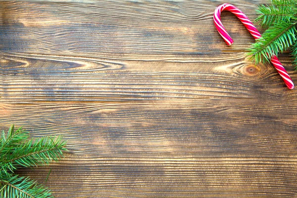 Caña Caramelo Fondo Navidad Palos Rojos Dulces Ramas Abeto Espacio — Foto de Stock