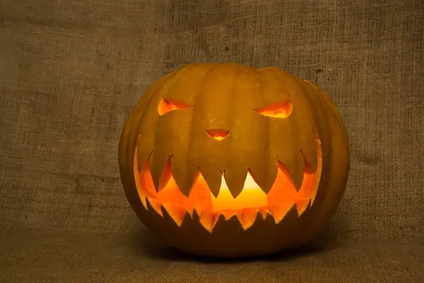 Halloween Symbol Jack Lantern Scary Carved Pumpkin Burning Candles Copy — Stock Photo, Image