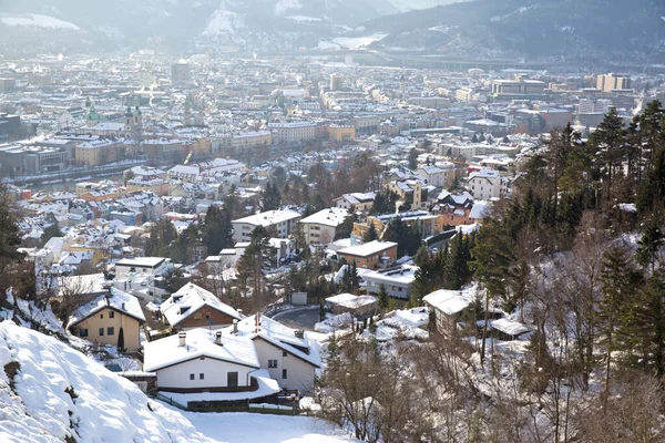 Tirol Winter Panorama Innsbruck Austria Houses Covered Snow Alps Mountains — Stock Photo, Image