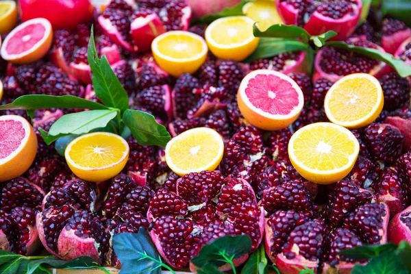 Auswahl Frischen Früchten Orange Granatapfel Grapefruits Und Zitrone — Stockfoto