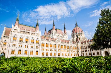 Budapeşte Parlamentosu cephesi ve parlak yeşil çimenler, Macaristan. Yaz zamanı.. 