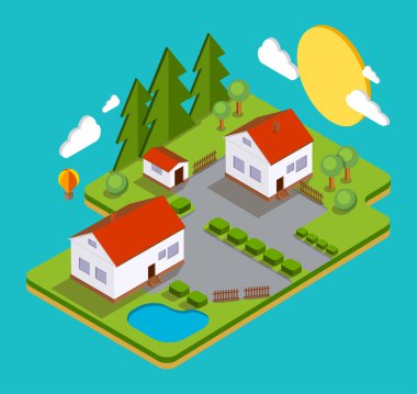 Renk vektör düz illüstrasyon Köyü manzara. Evleri, doğa, göl, güneş, ağaçlar. Yaz saati tatil kavramı. 3D izometrik tasarım