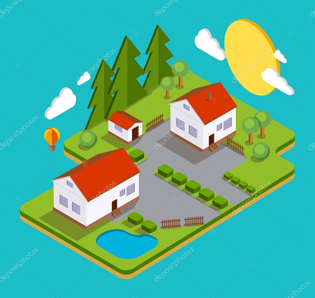 Colore vettoriale illustrazione piatto paesaggio del villaggio Case natura lago sole alberi Concetto di vacanza di estate disegno isometrico 3D