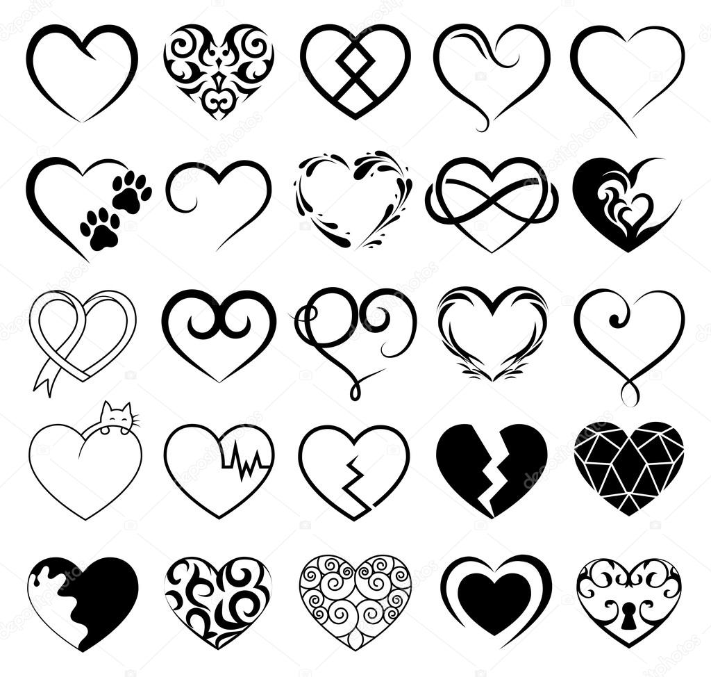 Set of 25 tattoo hearts image. Vector symbol