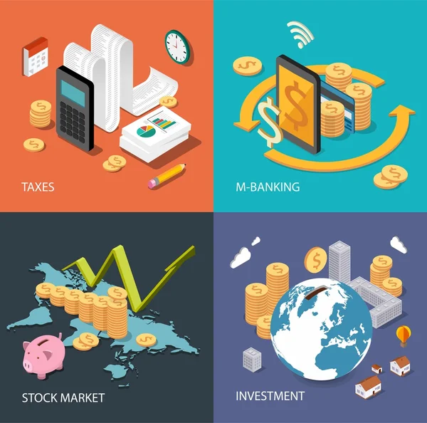 Flaches isometrisches Konzept: Finanzen, Börse, Investitionen, Steuern, M-Banking — Stockvektor