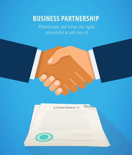 Handshake business på bakgrund av kontraktet platt design vektorillustration. Royaltyfria Stockvektorer