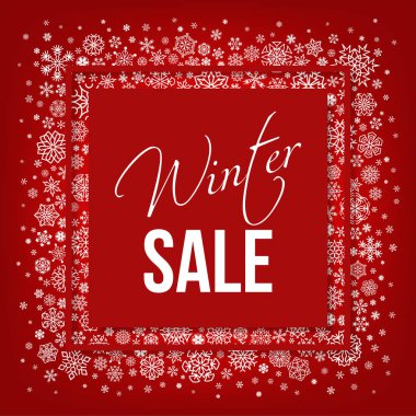 Kış kırmızı satış ile beyaz kar taneleri tipografik