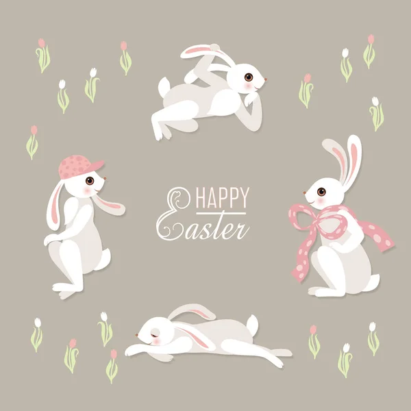 Cute floral card with rabbits. — Stock Vector