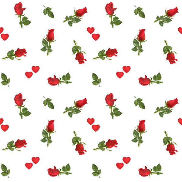 与玫瑰花蕾和心脏无缝模式 — 图库矢量图片