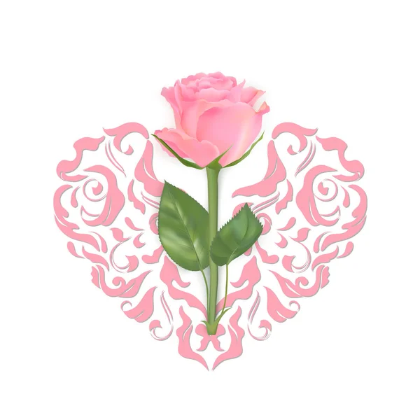 粉红色剪出观赏心和照片逼真的玫瑰在白色的背景 一个美丽的粉红色的玫瑰芽在心脏 矢量情人节 母亲节 妇女节 生日贺卡 — 图库矢量图片