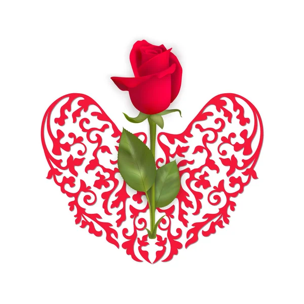 Rouge Découpé Coeur Ornemental Photo Réaliste Rose Sur Fond Blanc — Image vectorielle